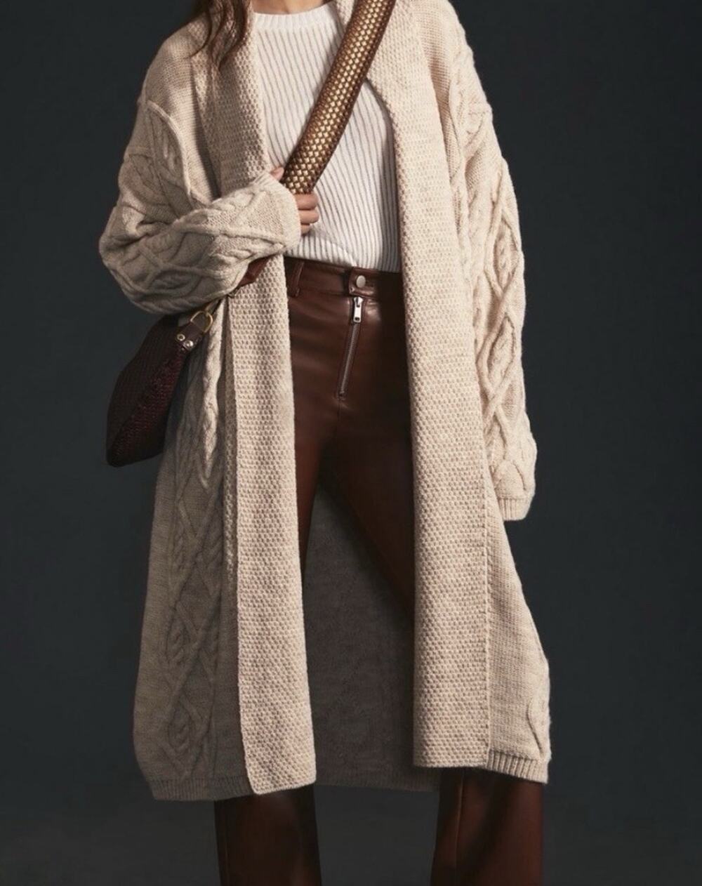 Anthropologie Womens Duster Cardigan Sweater Wool Blnd Size XL Cable Knit Chunky